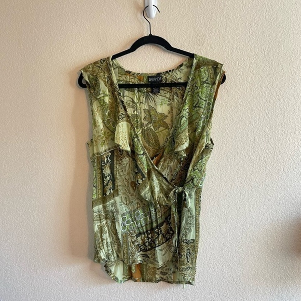 Y2K Baranda Green Paisley Sheer Ruffle Wrap Blouse Sleeveless Womens Size Large